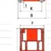 Technical drawing of a scissor lift with labeled parts such as the platform, scissor mechanism, and base, colored in red and gray.