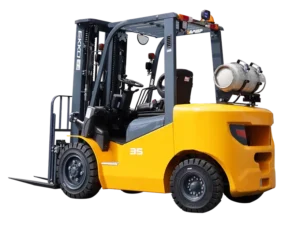 Side view of a yellow Ekko model 35 forklift with mounted safety lights and a clear view of the lifting mechanism.