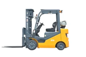 Side view of a yellow and gray Ekko forklift with a capacity of 2500 lbs, equipped with safety lights and operator seat.